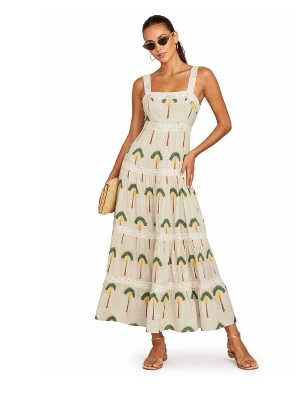 Calypso Palm Tree Lace Trim Maxi Dress Size M Resort Boho Pre-Loved